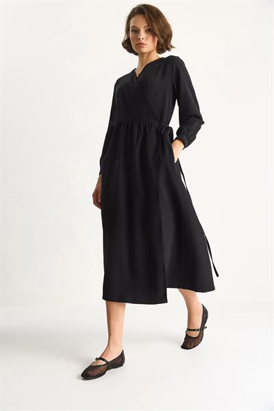 Kadın Kruvaze Kapamalı Cep Detaylı Modal Uzun Elbise 8542 60283518 - Siyah