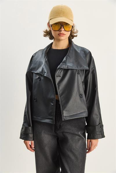 Kadın Kruvaze Kapamalı Dik Yaka Cep Detaylı Kuşaklı Suni Deri Ceket 3149 60283651 - Siyah