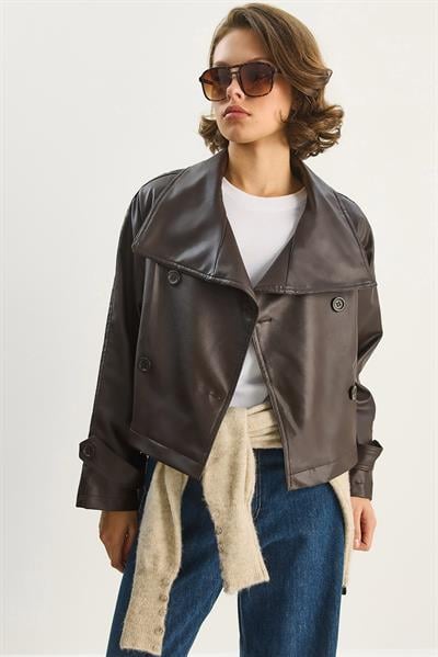 Kadın Kruvaze Kapamalı Dik Yaka Cep Detaylı Kuşaklı Suni Deri Ceket 3149 60283651 - Acı Kahve