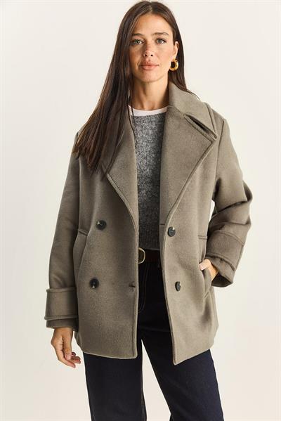 Kadın Kruvaze Yaka Astarlı Kısa Oversize Kaşe Kaban 3508 60283850 - Vizon