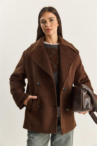 Kadın Kruvaze Yaka Astarlı Kısa Oversize Kaşe Kaban 3508 60283850 - Acı Kahve