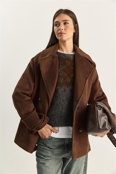 Kadın Kruvaze Yaka Astarlı Kısa Oversize Kaşe Kaban 3508 60283850 - Acı Kahve