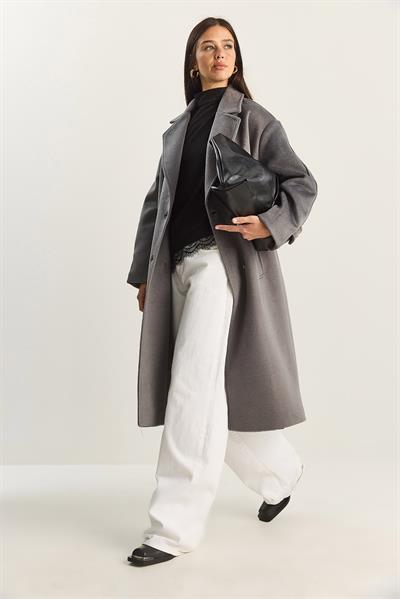 Kadın Kruvaze Yaka Astarlı Oversize Uzun Kaşe Kaban 3509 60283849 - Koyu Gri