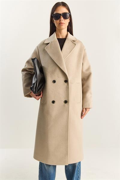Kadın Kruvaze Yaka Astarlı Oversize Uzun Kaşe Kaban 3509 60283849 - Bej