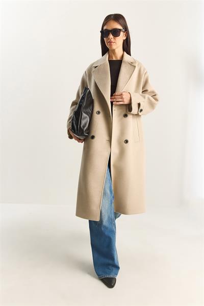 Kadın Kruvaze Yaka Astarlı Oversize Uzun Kaşe Kaban 3509 60283849 - Bej