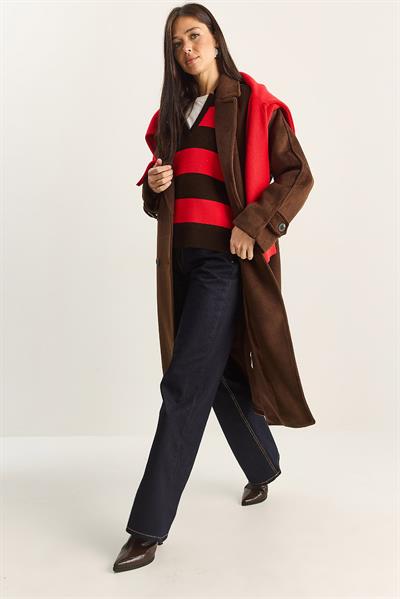 Kadın Kruvaze Yaka Astarlı Oversize Uzun Kaşe Kaban 3509 60283849 - Acı Kahve