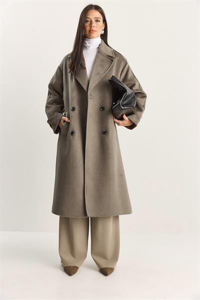 Kadın Kruvaze Yaka Astarlı Oversize Uzun Kaşe Kaban 3509 60283849 - Vizon