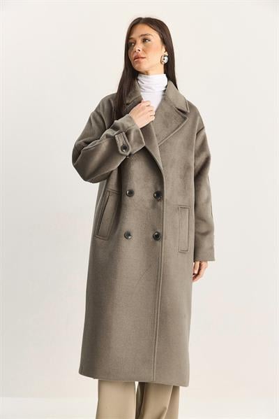 Kadın Kruvaze Yaka Astarlı Oversize Uzun Kaşe Kaban 3509 60283849 - Vizon