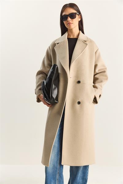 Kadın Kruvaze Yaka Astarlı Oversize Uzun Kaşe Kaban 3509 60283849 - Bej