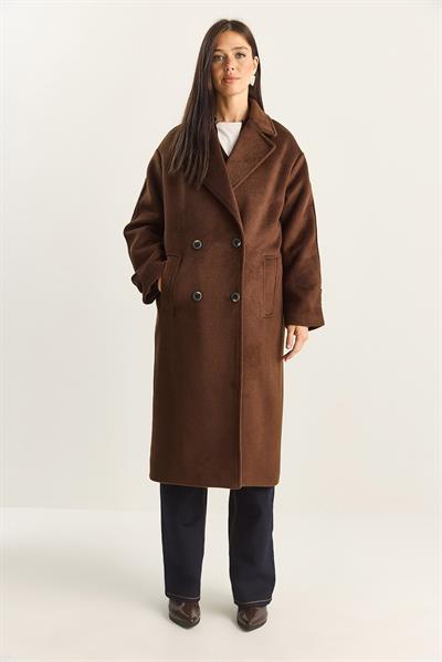 Kadın Kruvaze Yaka Astarlı Oversize Uzun Kaşe Kaban 3509 60283849 - Acı Kahve