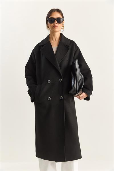 Kadın Kruvaze Yaka Astarlı Oversize Uzun Kaşe Kaban 3509 60283849 - Siyah