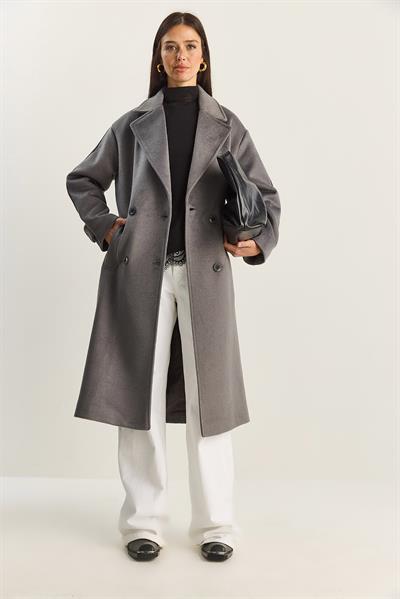 Kadın Kruvaze Yaka Astarlı Oversize Uzun Kaşe Kaban 3509 60283849 - Koyu Gri