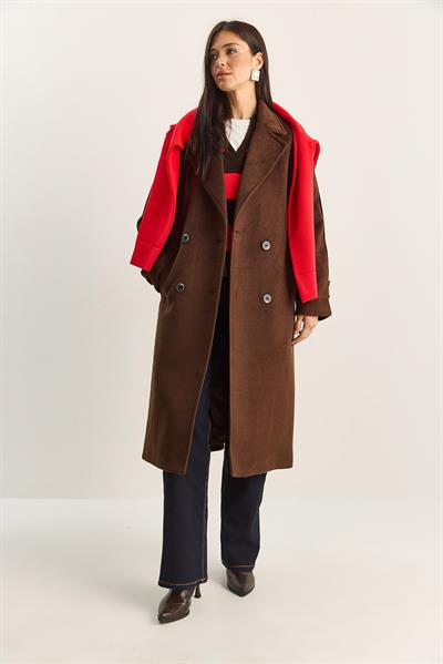 Kadın Kruvaze Yaka Astarlı Oversize Uzun Kaşe Kaban 3509 60283849 - Acı Kahve