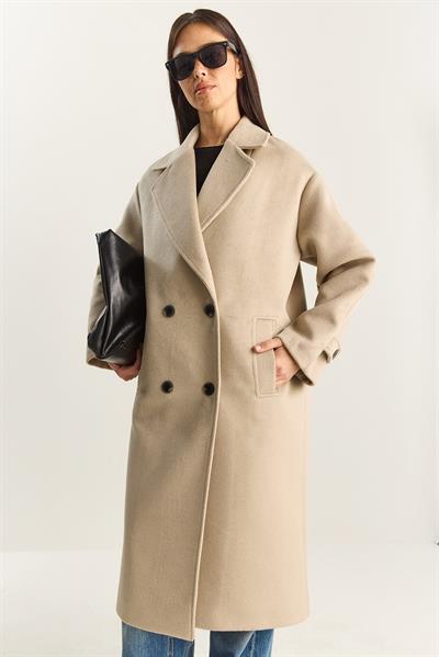 Kadın Kruvaze Yaka Astarlı Oversize Uzun Kaşe Kaban 3509 60283849 - Bej