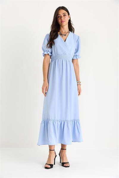 Kadın Kruvaze Yaka Beli Gipe Detaylı Kolları Lastikli Elbise 5246 60281076 - Bebe Mavisi