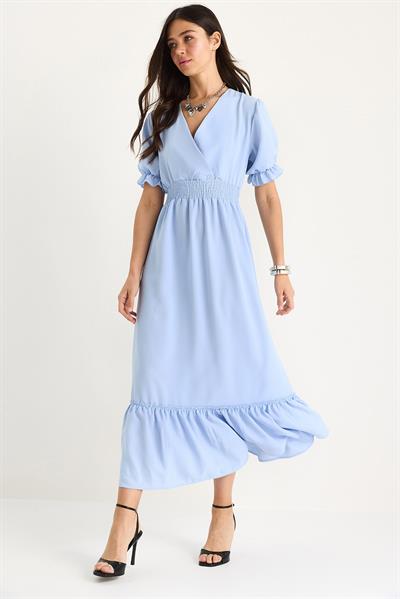 Kadın Kruvaze Yaka Beli Gipe Detaylı Kolları Lastikli Elbise 5246 60281076 - Bebe Mavisi