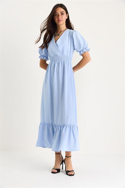 Kadın Kruvaze Yaka Beli Gipe Detaylı Kolları Lastikli Elbise 5246 60281076 - Bebe Mavisi