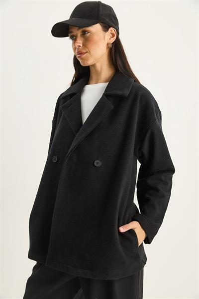 Kadın Kruvaze Yaka Cep Detaylı Kaşe Blazer Ceket 60283757 - Siyah