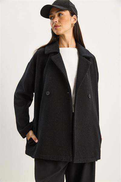 Kadın Kruvaze Yaka Cep Detaylı Kaşe Blazer Ceket 60283757 - Siyah