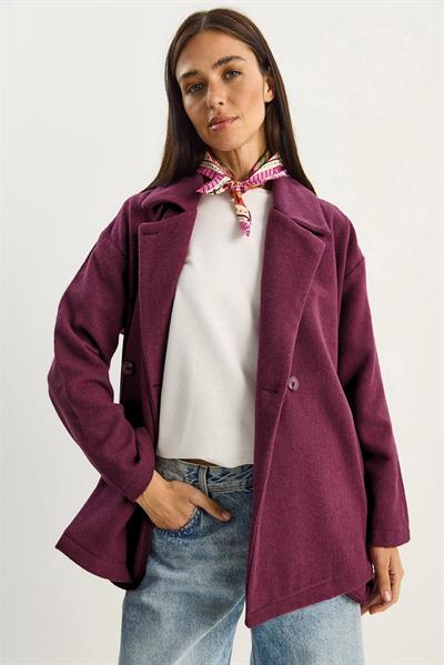 Kadın Kruvaze Yaka Cep Detaylı Kaşe Blazer Ceket 60283757 - Mor