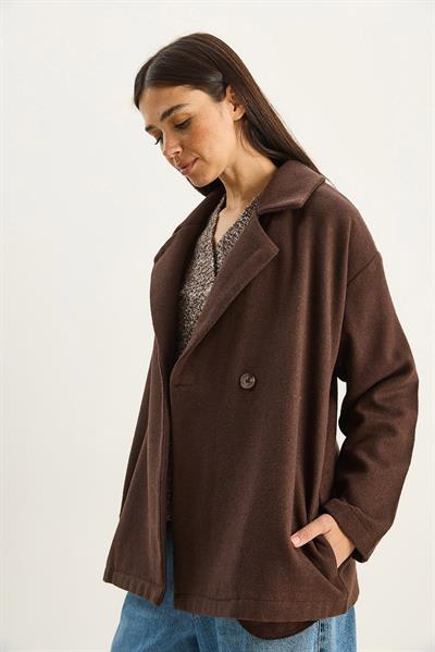Kadın Kruvaze Yaka Cep Detaylı Kaşe Blazer Ceket 60283757 - Acı Kahve