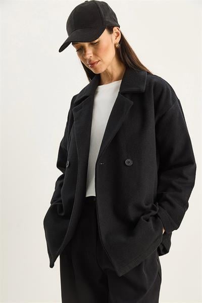 Kadın Kruvaze Yaka Cep Detaylı Kaşe Blazer Ceket 60283757 - Siyah