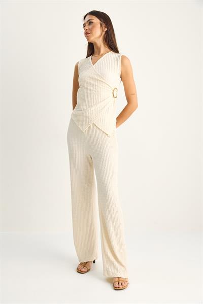 Kadın Kruvaze Yaka Drapeli Aksesuar Detaylı Bluz Beli Lastikli Pantolon Bürümcük Takım 2334 60286191 - Krem