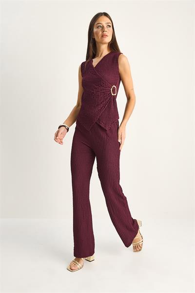 Kadın Kruvaze Yaka Drapeli Aksesuar Detaylı Bluz Beli Lastikli Pantolon Bürümcük Takım 2334 60286191 - Mürdüm