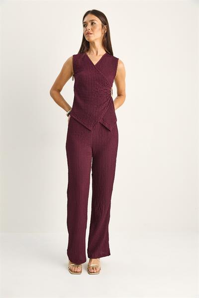 Kadın Kruvaze Yaka Drapeli Aksesuar Detaylı Bluz Beli Lastikli Pantolon Bürümcük Takım 2334 60286191 - Mürdüm