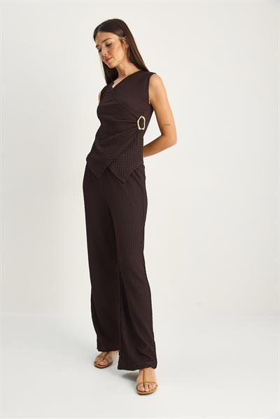 Kadın Kruvaze Yaka Drapeli Aksesuar Detaylı Bluz Beli Lastikli Pantolon Bürümcük Takım 2334 60286191 - Acı Kahve