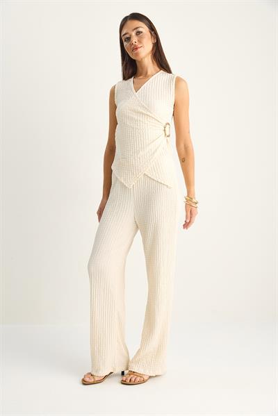 Kadın Kruvaze Yaka Drapeli Aksesuar Detaylı Bluz Beli Lastikli Pantolon Bürümcük Takım 2334 60286191 - Krem