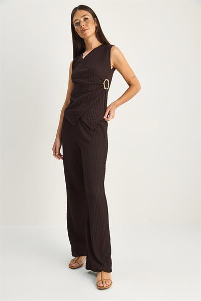 Kadın Kruvaze Yaka Drapeli Aksesuar Detaylı Bluz Beli Lastikli Pantolon Bürümcük Takım 2334 60286191 - Acı Kahve