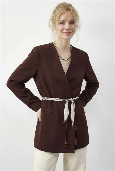 Kadın Kruvaze Yaka Fular Kemerli Kadın Blazer Ceket 8014 60283988 - Kahverengi