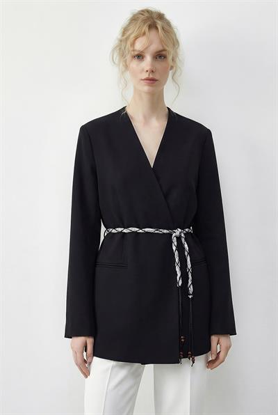 Kadın Kruvaze Yaka Fular Kemerli Kadın Blazer Ceket 8014 60283988 - Siyah