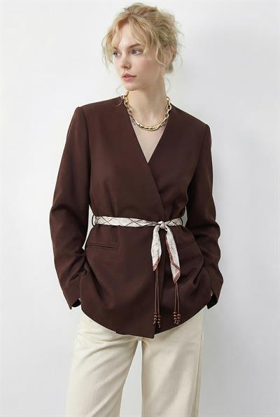 Kadın Kruvaze Yaka Fular Kemerli Kadın Blazer Ceket 8014 60283988 - Kahverengi