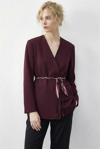Kadın Kruvaze Yaka Fular Kemerli Kadın Blazer Ceket 8014 60283988 - Bordo