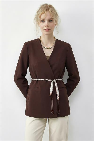 Kadın Kruvaze Yaka Fular Kemerli Kadın Blazer Ceket 8014 60283988 - Kahverengi