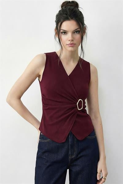 Kadın Kruvaze Yaka Gold Toka Detaylı Bluz 2303 60283993 - Bordo BLUZ modelleri