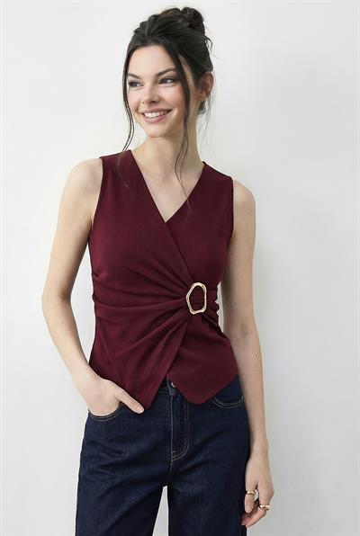 Kadın Kruvaze Yaka Gold Toka Detaylı Bluz 2303 60283993 - Bordo