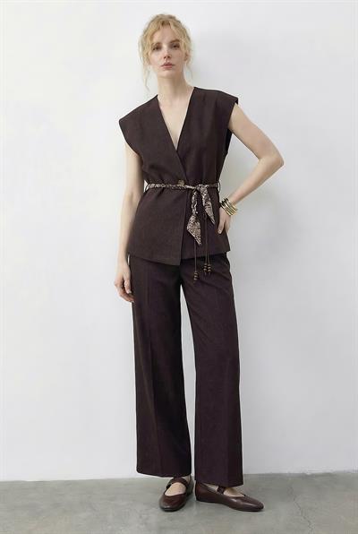 Kadın Kruvaze Yaka Saten Kuşaklı Yelek Bol Pantolon Alt-Üst Denim Takım 9415 60286044 - Kahverengi