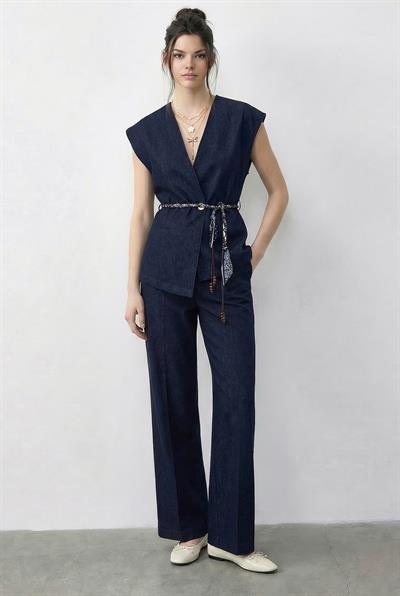 Kadın Kruvaze Yaka Saten Kuşaklı Yelek Bol Pantolon Alt-Üst Denim Takım 9415 60286044 - Lacivert