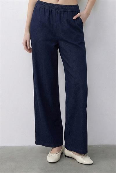 Kadın Kruvaze Yaka Saten Kuşaklı Yelek Bol Pantolon Alt-Üst Denim Takım 9415 60286044 - Lacivert