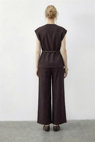 Kadın Kruvaze Yaka Saten Kuşaklı Yelek Bol Pantolon Alt-Üst Denim Takım 9415 60286044 - Kahverengi