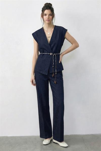 Kadın Kruvaze Yaka Saten Kuşaklı Yelek Bol Pantolon Alt-Üst Denim Takım 9415 60286044 - Lacivert