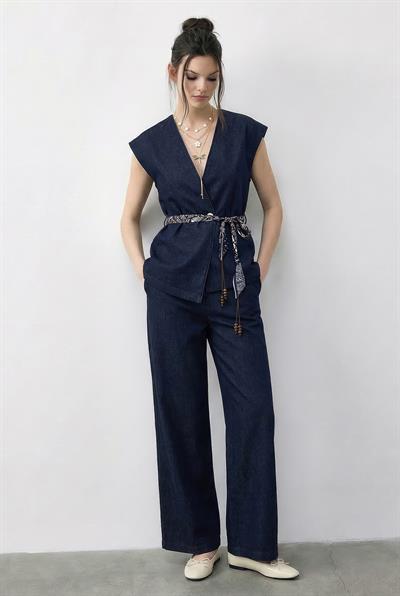 Kadın Kruvaze Yaka Saten Kuşaklı Yelek Bol Pantolon Alt-Üst Denim Takım 9415 60286044 - Lacivert