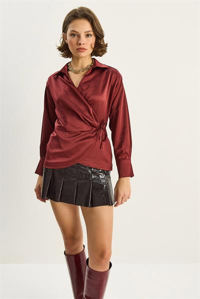 Kadın Kruvaze Yandan Bağlamalı Saten Gömlek 2133 60283752 - Bordo