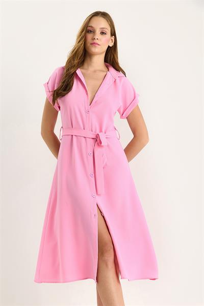 Kadın Kuşak Detaylı Linda Gömlek Elbise 5248 60281080 - Şeker Pembe