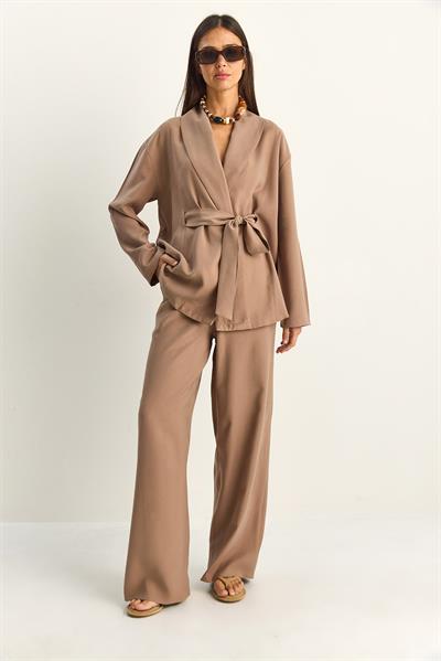Kadın Kuşaklı Kimono Beli Lastikli Cep Detaylı Bol Palazzo Pantolon Modal Takım 9422 60286156 - Sütlü Kahve