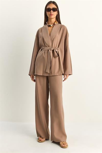 Kadın Kuşaklı Kimono Beli Lastikli Cep Detaylı Bol Palazzo Pantolon Modal Takım 9422 60286156 - Sütlü Kahve