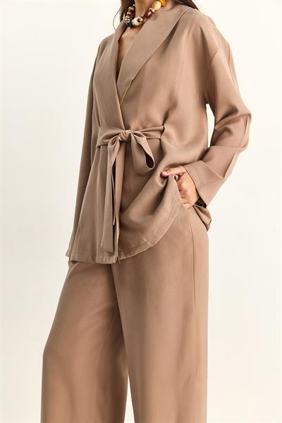 Kadın Kuşaklı Kimono Beli Lastikli Cep Detaylı Bol Palazzo Pantolon Modal Takım 9422 60286156 - Sütlü Kahve
